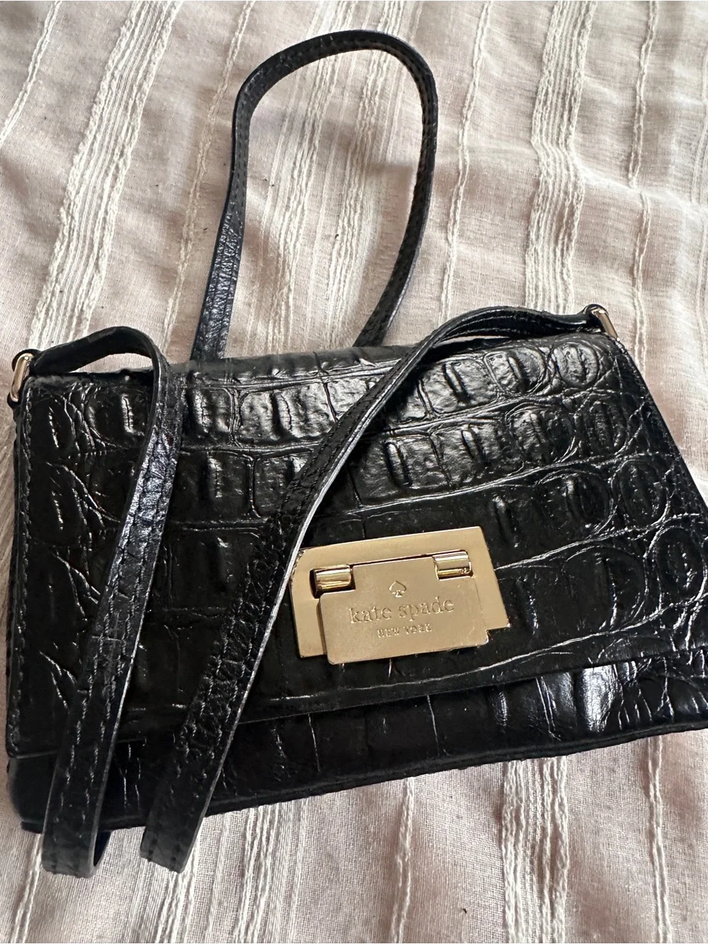 KATE SPADE NY Rialto Place Sally Black Crocodile Embossed Leather Crossbody Bag